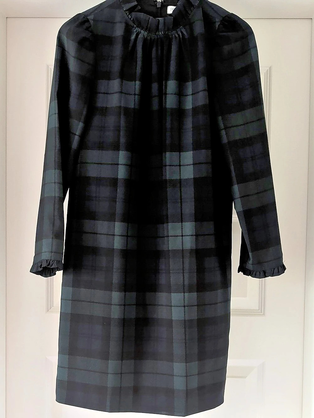 J.Crew Black Watch Plaid Ruffle-Neck Shift Dress Midi Dress Black & Green & Navy